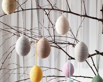 Cord Wrapped Easter Egg Ornaments – Small Spring Table or Tree Decorations