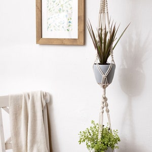 Könnte beinhalten: Ein Makramee-Pflanzenaufhänger mit zwei Topfpflanzen, die an einem Ast hängen. Die obere Pflanze hat lange, grüne und rote Blätter in einem grauen Topf. Die untere Pflanze hat kleine grüne Blätter in einem weißen Topf. Ein gerahmtes Aquarell hängt an der Wand.