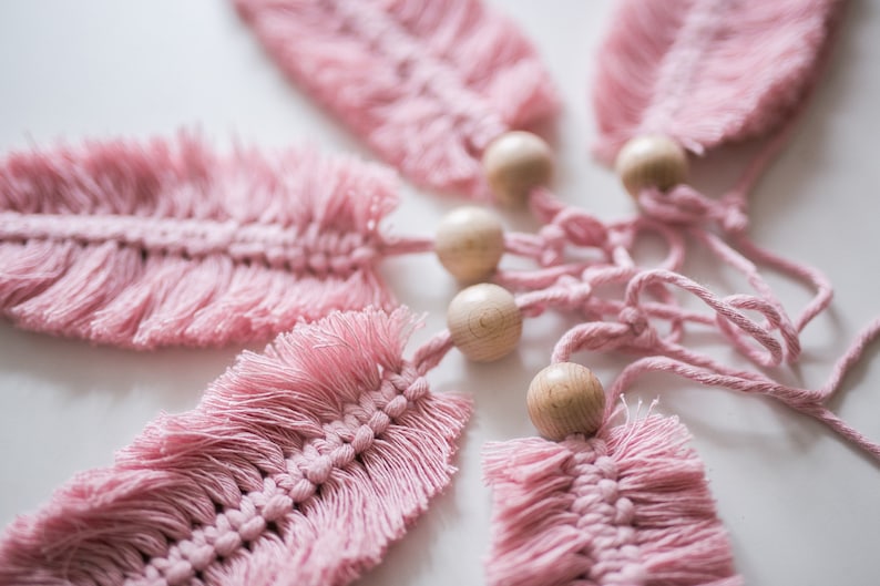 Boho feather macrame garland Pink macrame nursery garland Bohemian style home decor