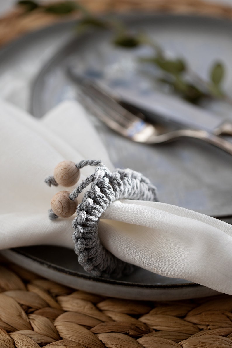 Handmade napkin rings set recycled cord napkin holders macrame serviette rings with natural wood beads image 5