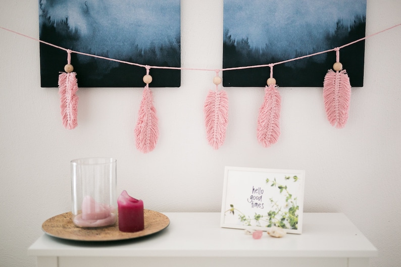 Boho feather macrame garland Pink macrame nursery garland Bohemian style home decor