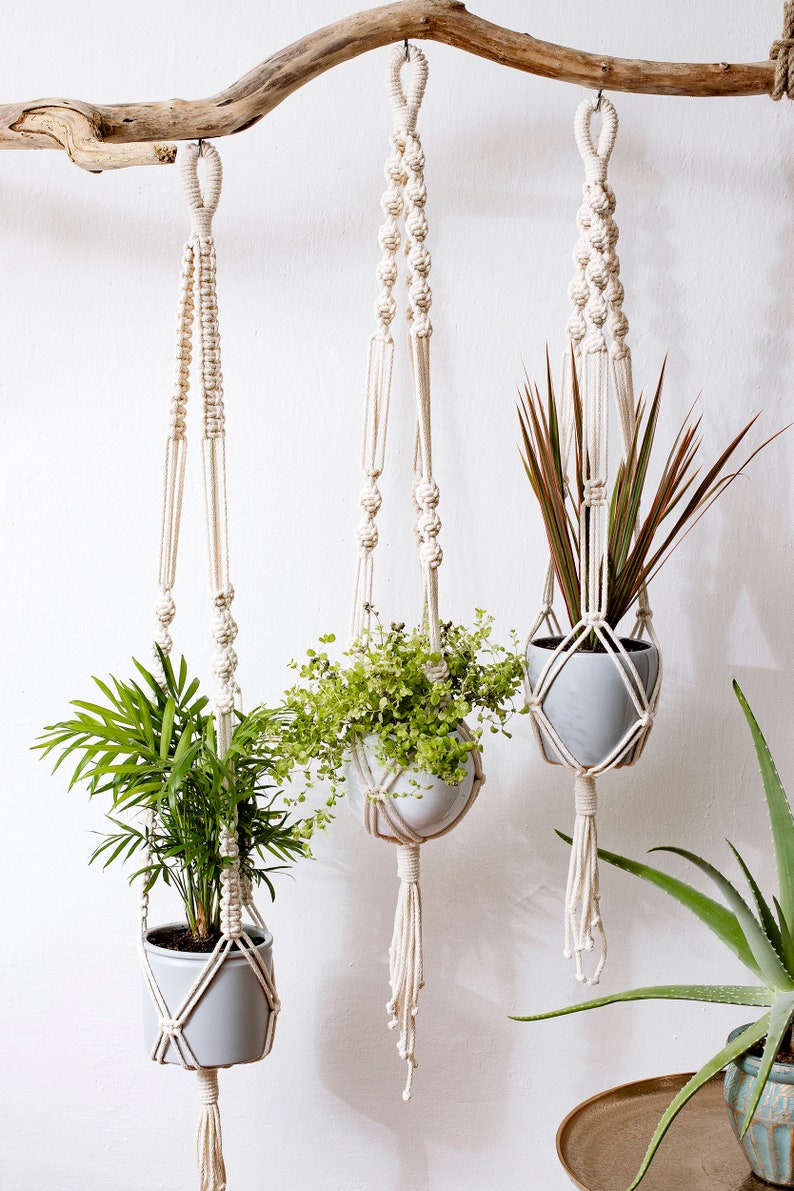 Macrame hanging plant holders set of 3 recycled cord plant holder sustainable living pot hanger herb garden pot image 6