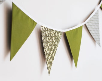 Olive green double sided fabric bunting, party banner garland, nursery baby shower bunting, pennant hanging banner