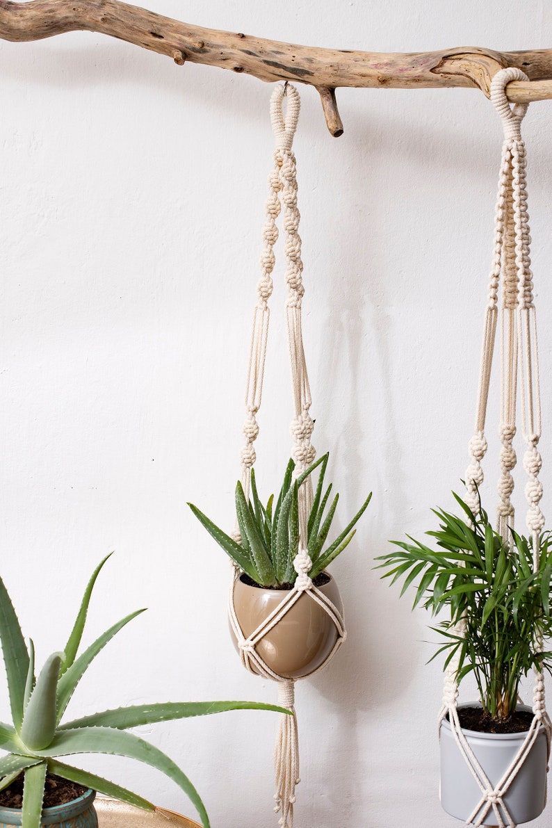 Macrame hanging plant holders set of 3 recycled cord plant holder sustainable living pot hanger herb garden pot image 3