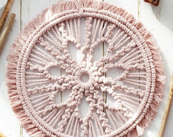 Small macrame wall hanging round mandala knot art wall ornament for boho nursery