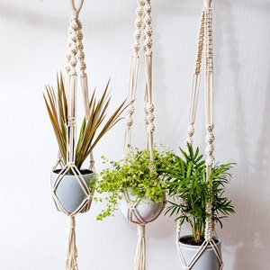 Macrame hanging plant holders set of 3 recycled cord plant holder sustainable living pot hanger herb garden pot image 8