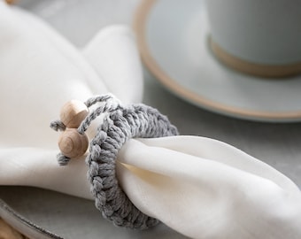 Handmade napkin rings set recycled cord napkin holders macrame serviette rings with natural wood beads