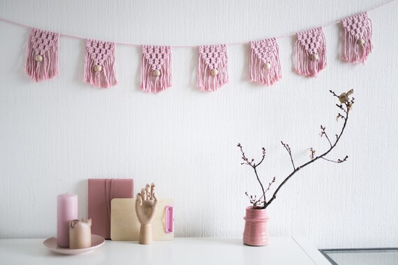 Boho feather macrame garland Pink macrame nursery garland Bohemian style home decor