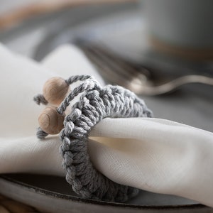 Handmade napkin rings set recycled cord napkin holders macrame serviette rings with natural wood beads image 3