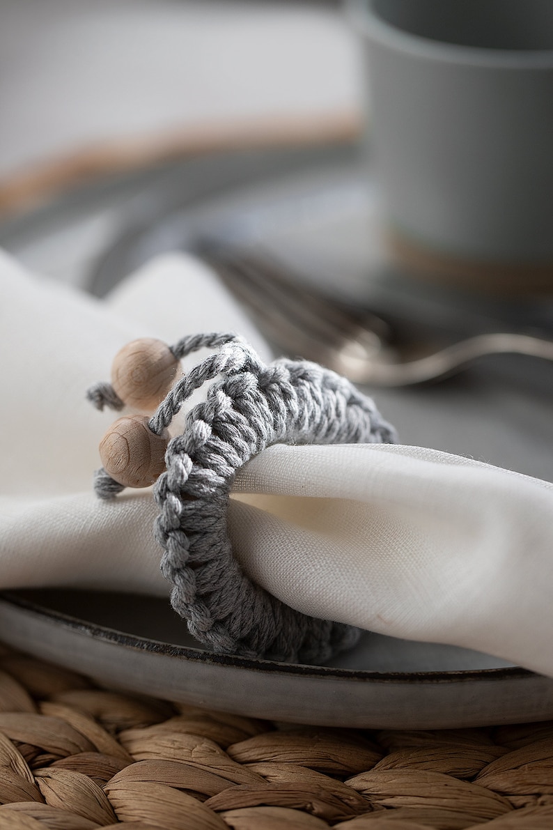 Handmade napkin rings set recycled cord napkin holders macrame serviette rings with natural wood beads image 3