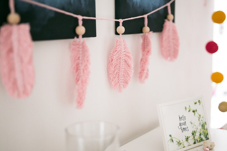 Boho feather macrame garland Pink macrame nursery garland Bohemian style home decor