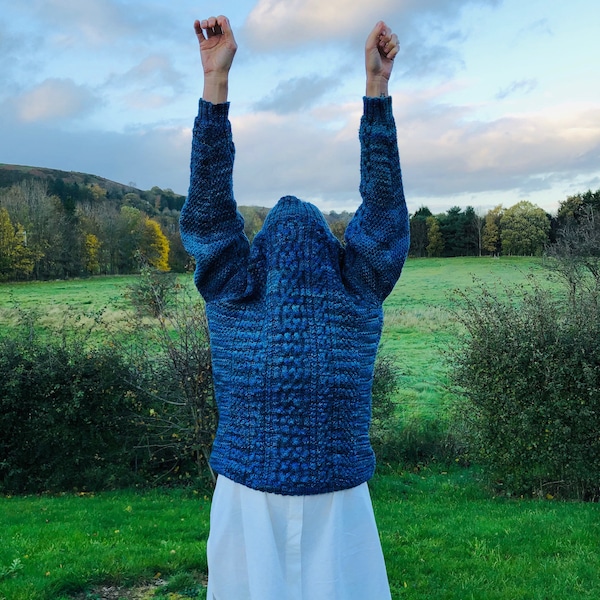 Hand-knitted Blue Aran Cable Sweater / Jumper & Hand-dyed Malabrigo Pure Merino