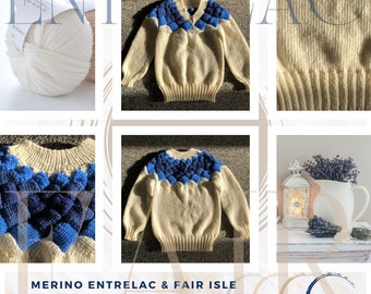 Merino Kids Cream & Blue Entrelac V-Neck Sweater