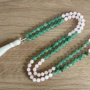 MALA Aventurine Rose Quartz Mala Bead Necklace: Heart Chakra Healing Handknotted