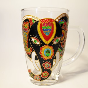 Indian Elephant Mug Bohemian Gift Elephant Mug Coffee Mug Hand Painted Cup Personalized Mug Gift for her Glass Coffee Mug Tea Mug