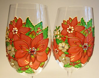 Set of 2 wine glasses,Poinsettia Wine Glasses, Hand Painted Christmas Glass, Christmas Wine Glasses,  Wine lover gift, Christmas Decor