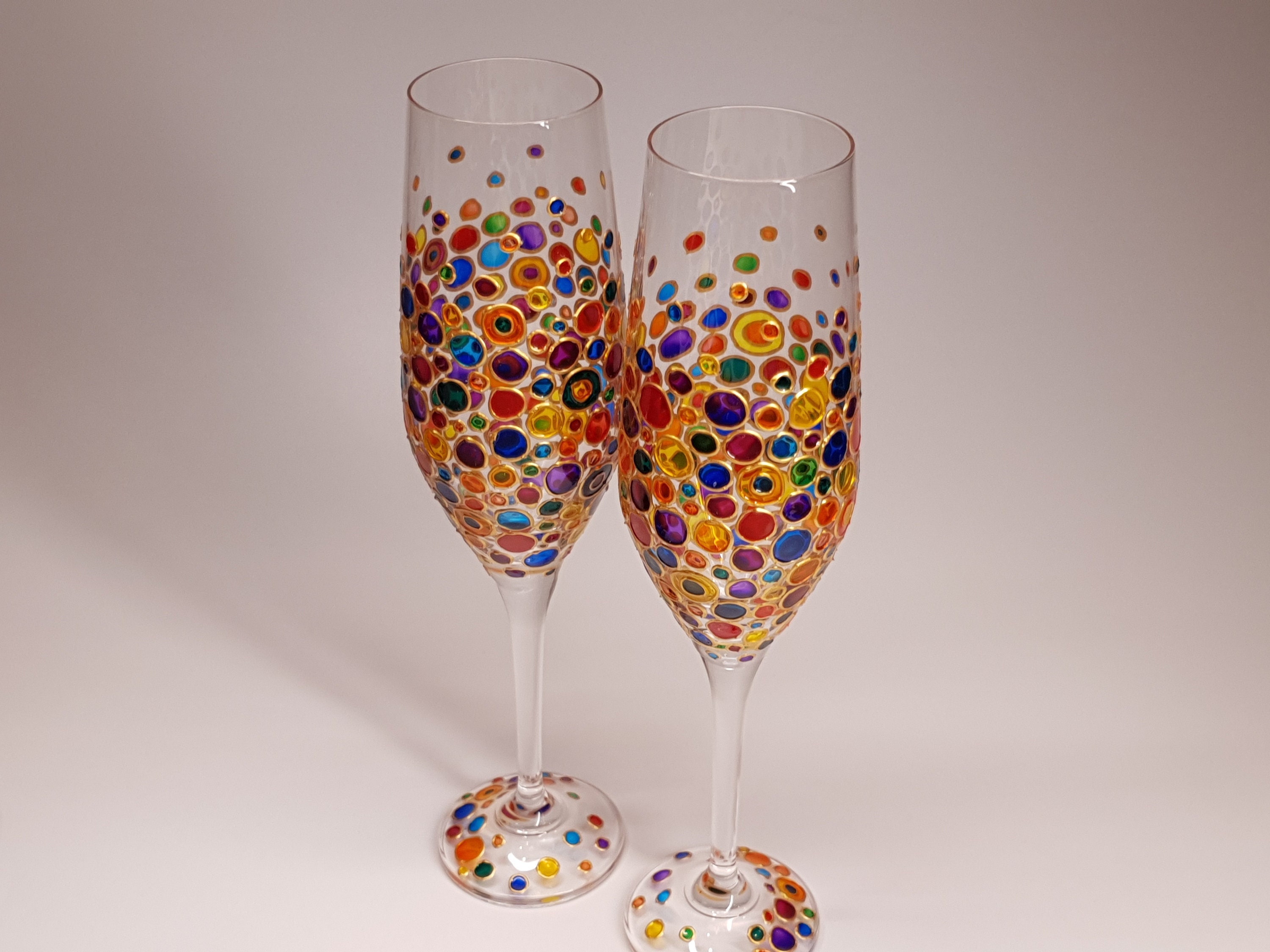 Hand painted Champagne glass with rainbow multi colored bubbles design Champagne glasses Rainbow glassware Set of 2 wine glasses