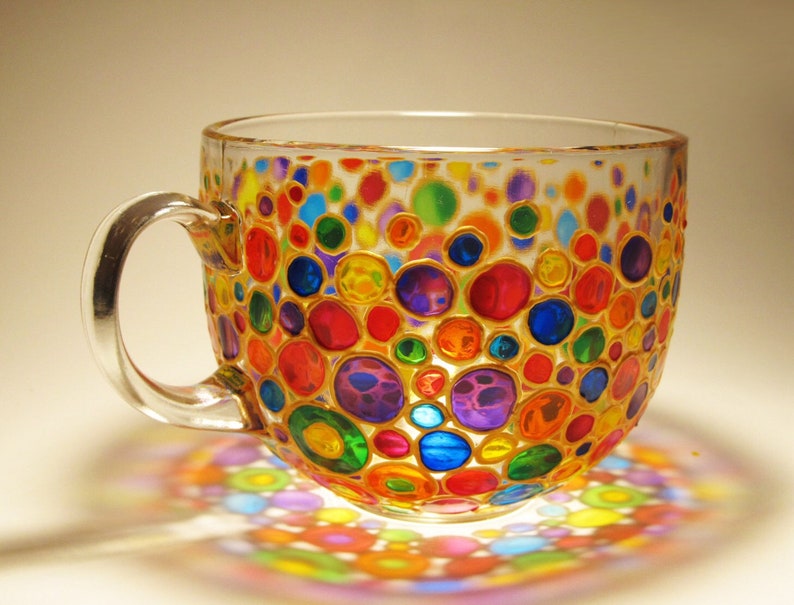 Colored Bubbles Mug Painted Glass Mug Big Coffee Mug Mosaic Mug Multicolored Mug Glass Tea Mug Rainbow Tea Mug Large Coffee Mug image 1