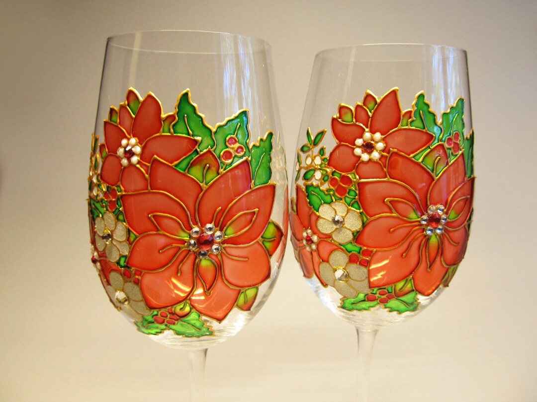 Set of 2 Wine Glasses,poinsettia Wine Glasses, Hand Painted Christmas