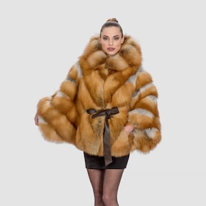 Red Fox Fur Hooded Jacket: Canadian Genuine Fur Cape, Leather Belt