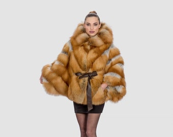 Red Fox Fur Hooded Jacket: Canadian Genuine Fur Cape, Leather Belt
