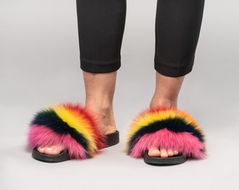 Rainbow Fox Fur Slides: Fluffy Sandals with Rubber Sole