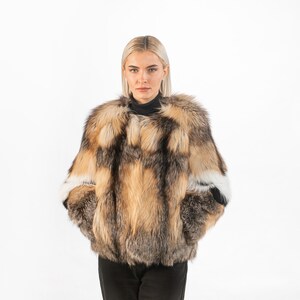 Collarless Fox Fur Jacket: Genuine Long Hair Pelts