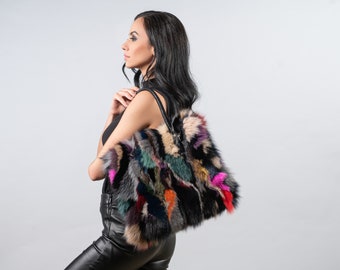 Multicolor Fox Fur Handbag: Leather Shoulder Bag