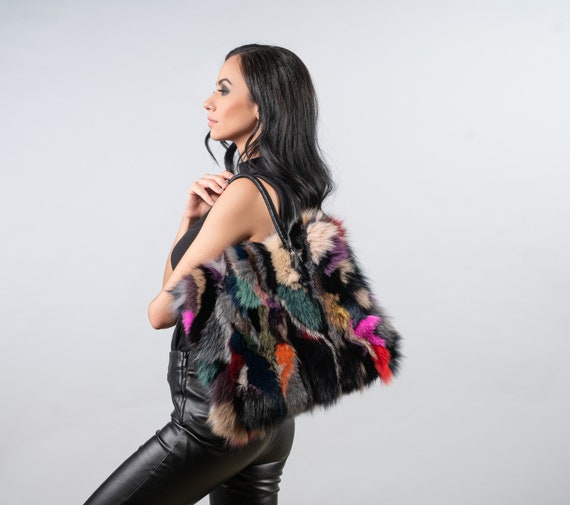 Multicolor Fox Fur Handbag: Leather Shoulder Bag - Etsy