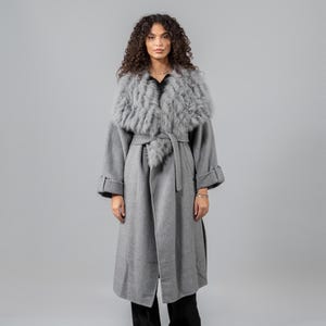 Gray Cashmere Wool Coat with Fox Fur Collar