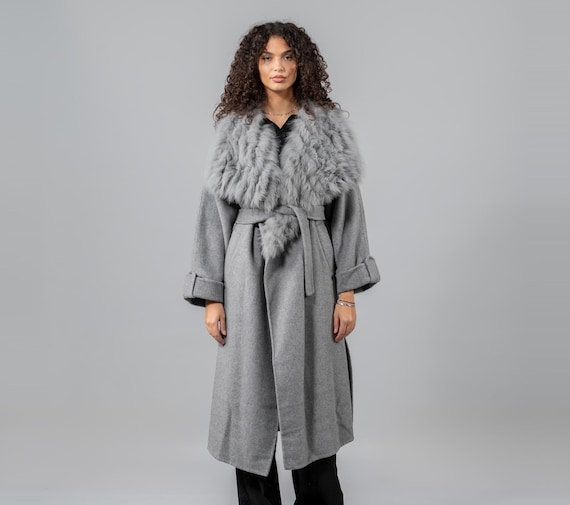 未使用】ウールカシミヤ フォックスファー グレー ロングコート A
