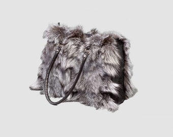 Silver Fox Fur Handbag, Real Fox Fur Handbag, Shoulder Bag, Purse Lady Handbag