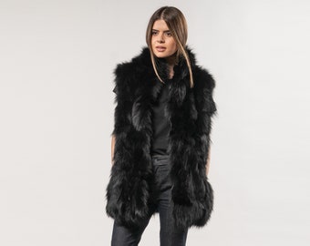 Black Fox Fur Vest With Short Collar, Fox Cropped Pelts, With Pockets, Vest, Fur Vest