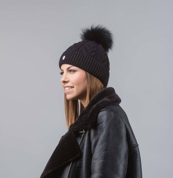 Real Fox Pom Pom Real Fur Beanie Real 