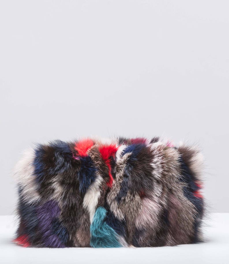 Multicolor Medium Fur Clutch HandBag, Real Fur Bag, Real Fox Fur Handbag, Clutch, Real Leather, Handmade Fur Bag image 2