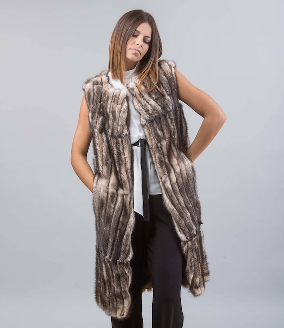 Faded Black Mink Fur Vest, Long Style, With Pockets, Jacket, Real 