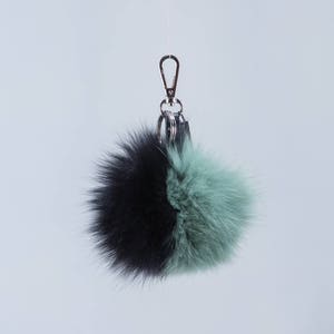 Black & Green Fox Fur Pom Pom Keychain: Bag Charm Pendant