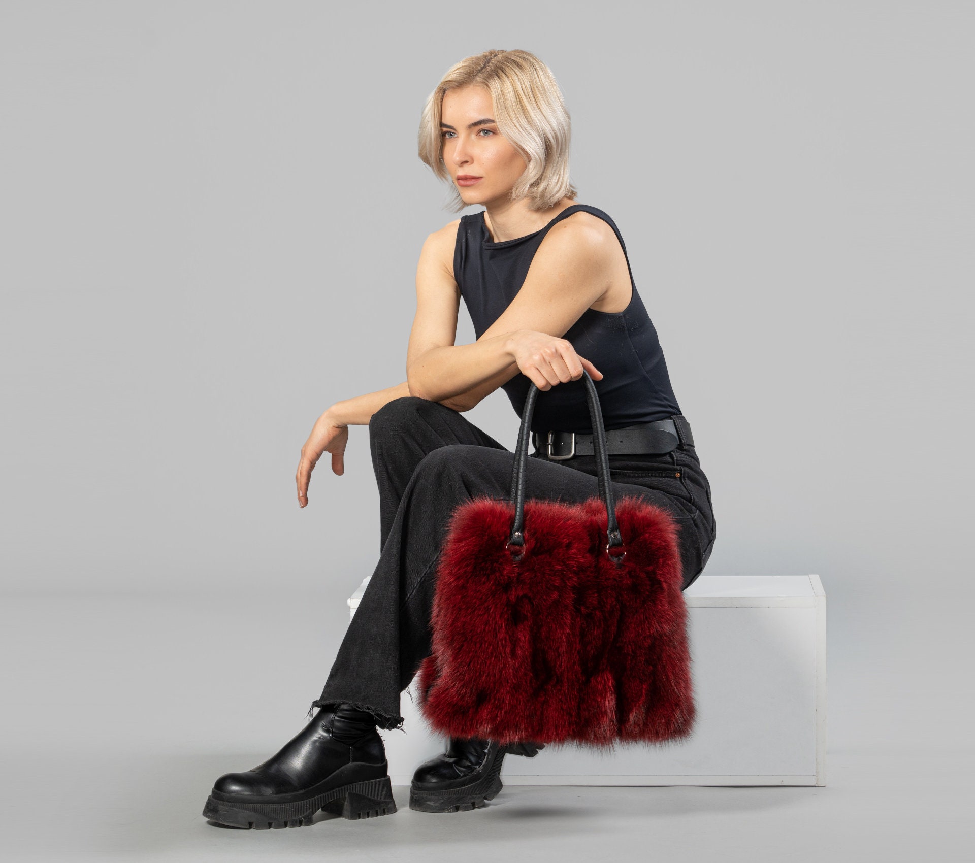 Red fur shop bag