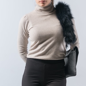 Black Fox Fur Bag Strap: Real Leather, Silver Clasps (70cm)