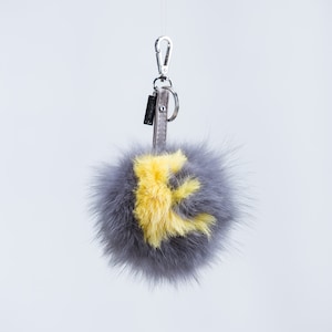 Gray Fox Fur Pom Pom Keychain: Letter Charm Bag Pendant