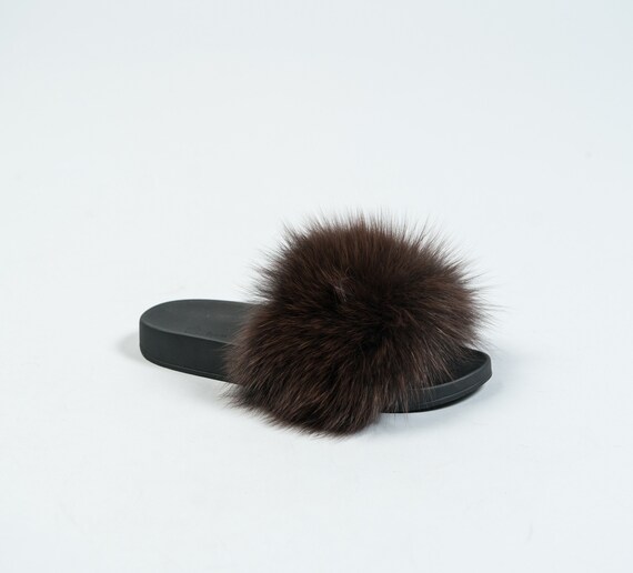 Brown Mink Fur Slides Real Fur Slides Fur Slippers Fluffy 