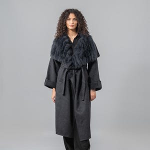 Dark Gray Cashmere Wool Coat with Fox Fur Collar