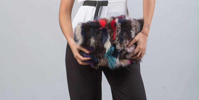 Multicolor Medium Fur Clutch HandBag, Real Fur Bag, Real Fox Fur Handbag, Clutch, Real Leather, Handmade Fur Bag image 1