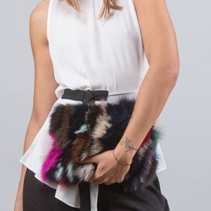 Colorful Fox Fur Clutch: Handmade Leather Handbag