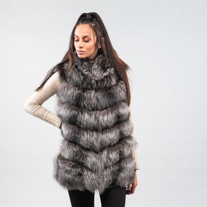 Silver Fox Fur Vest with Hood: Genuine Fur Jacket