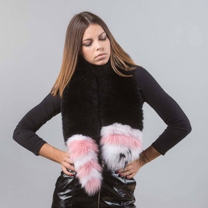Black Fox Fur Scarf: Pink & White Ends