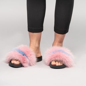 Pink Fox Fur Slides With Blue Stripe,Fluffy Slides,Rubber Fur Sandals,Real Fox Slippers,Fur Flip Flops
