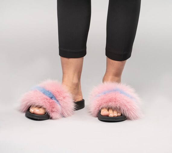 Pink Fox Fur Slides Fluffy Slides Rubber Fur Sandals Real 