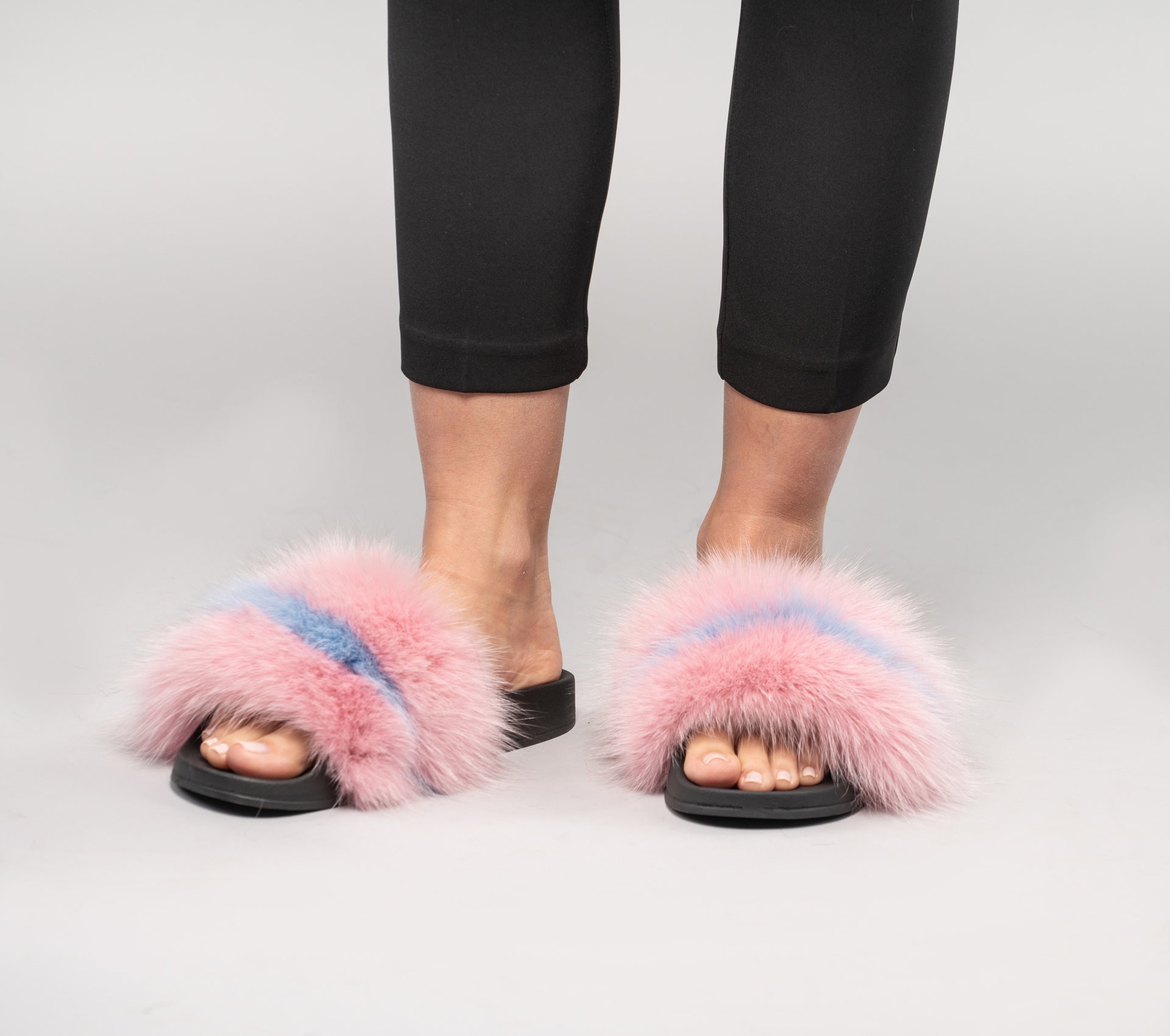 Pink Fox Fur Slides With Blue Stripefluffy Slidesrubber Fur 