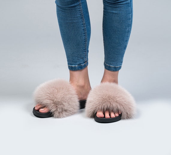 fox fur flip flops